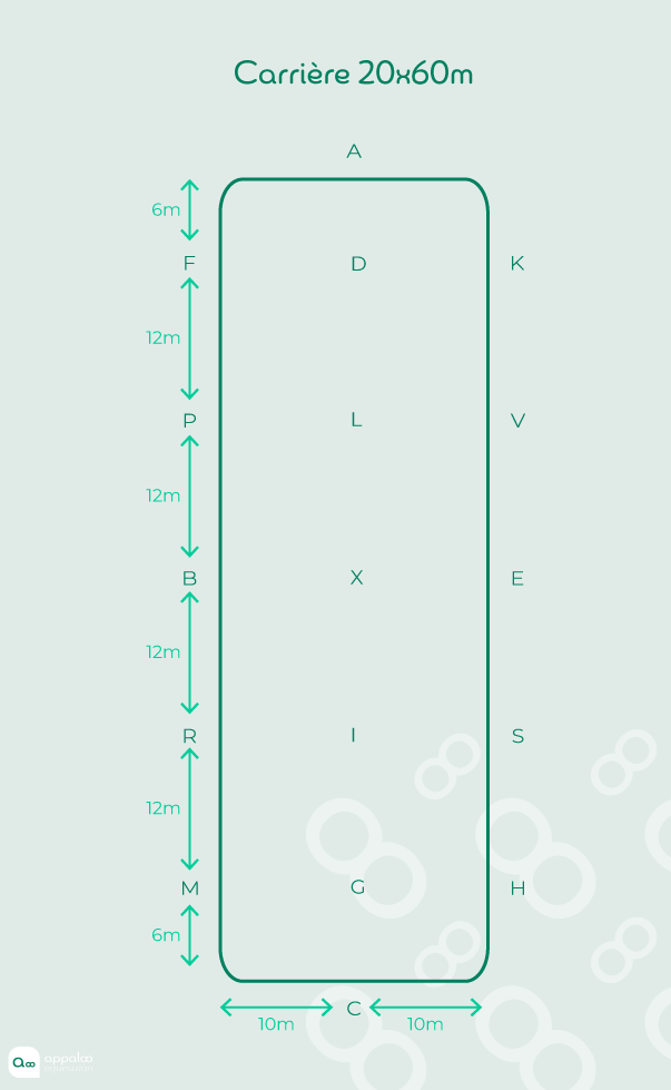 Schéma distance lettres carrière dressage 20x60m